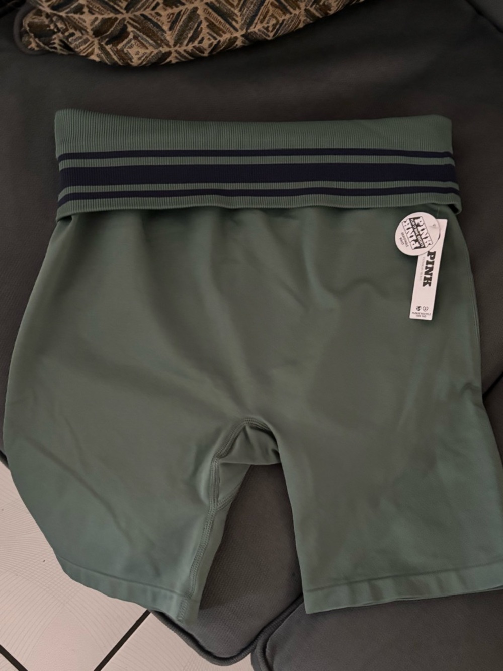 VS PINK Olive Green Foldover Bike Shorts with Navy Stripe Waistband